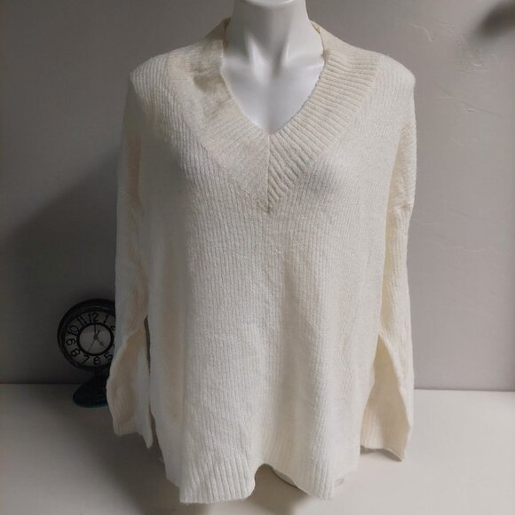 H & M Divided Cream Ivory Tunic Sweater M Ribbed Knit V-Neck Oversized Minimalis - Picture 1 of 5